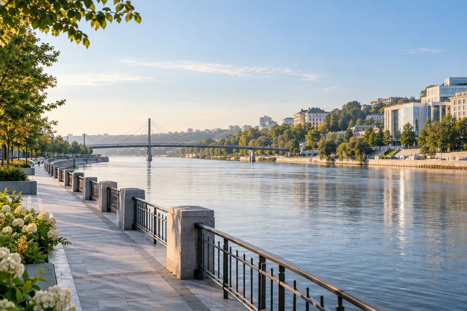 Городская набережная и мост в мягком дневном свете